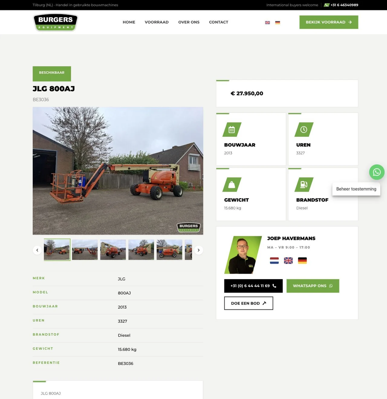 An individual machine page brings together photography, pricing, reference details, and specifications, with contact and offer options.