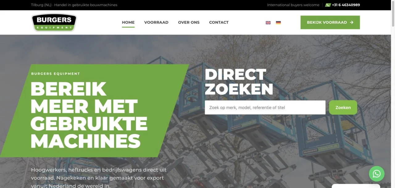 The homepage introduces the machinery business and provides routes into the inventory and equipment categories.