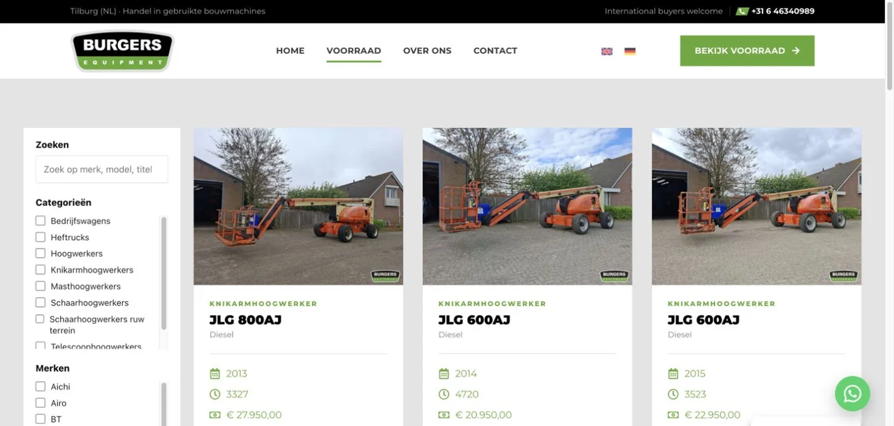 The live stock page combines machine listings with search and filters for categories, brands, models, price, fuel, and year.