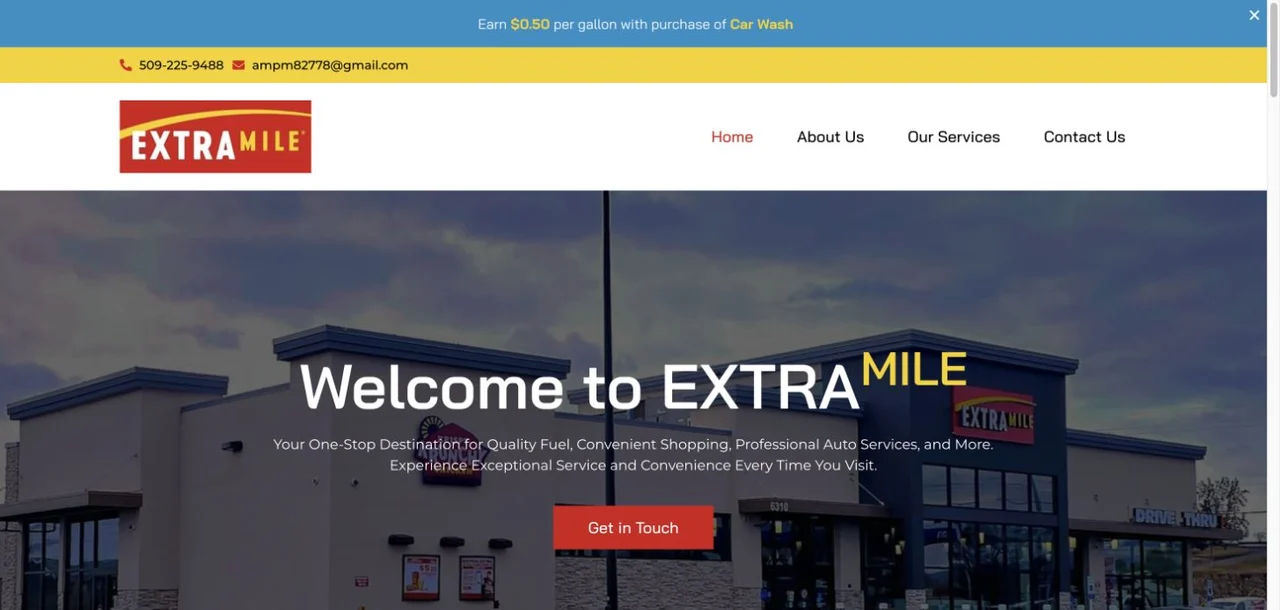 The homepage pairs the storefront imagery with a business introduction, contact navigation, and a prominent enquiry link.