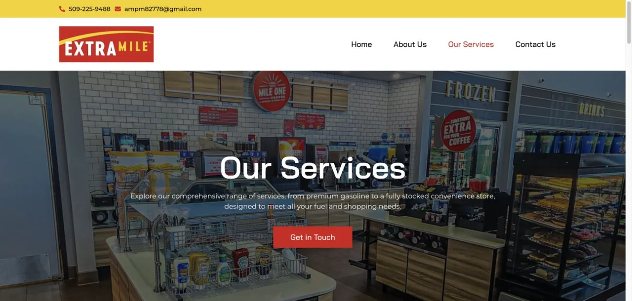 The services page continues the site’s visual identity and introduces the business’s services with a route to get in touch.
