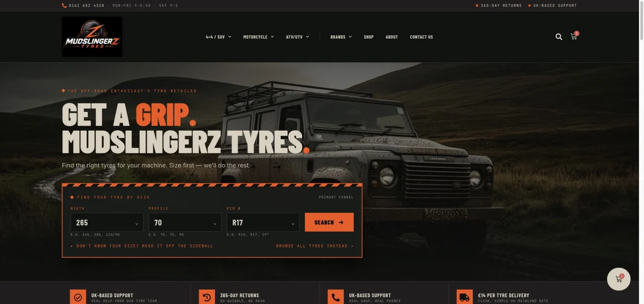 The custom homepage search starts with width, profile, and rim diameter, giving visitors a direct route into the tyre catalogue.