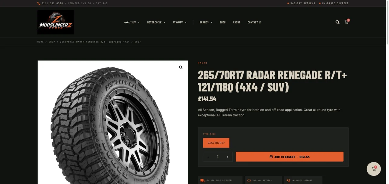 A product page from Mudslingerz Tyres, a complete design and development project.