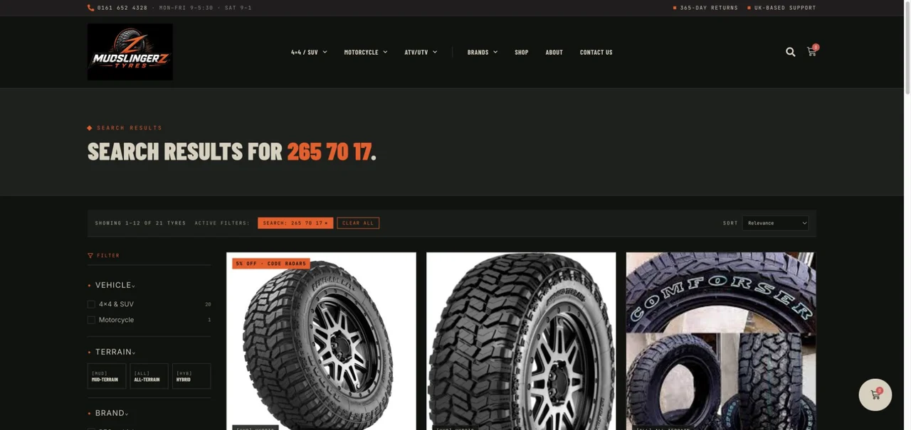 Custom search results combine product images, size, availability, and pricing with filters for vehicle, terrain, brand, and other buying criteria.