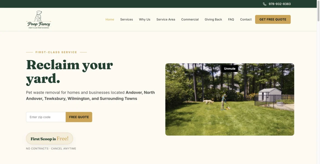 The homepage introduces the service area, pairs the main message with video, and gives visitors a ZIP-code quote entry point.