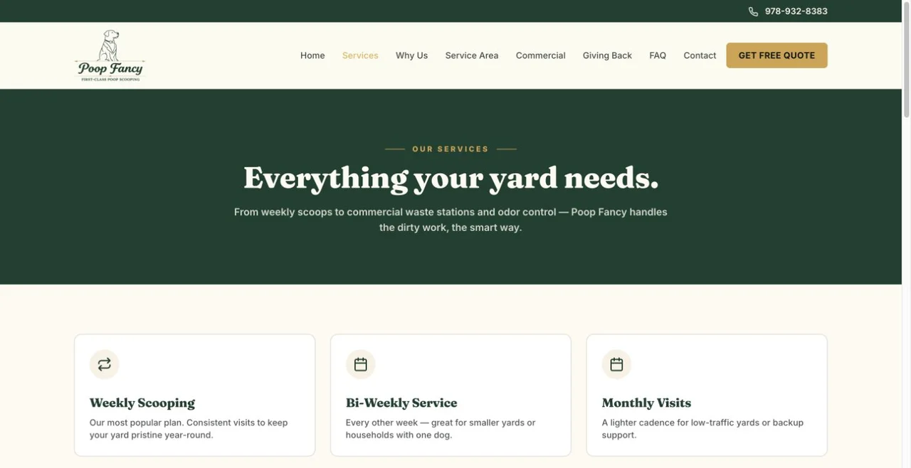 The services page presents recurring scooping, one-time cleanups, deodorizing, and commercial services in a consistent layout.