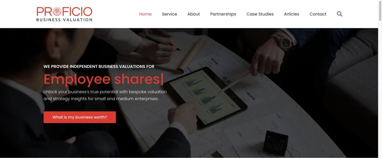 The business valuation homepage introduces the offer and directs visitors toward a consultation. This screenshot shows the current live site, following an earlier revamp engagement.