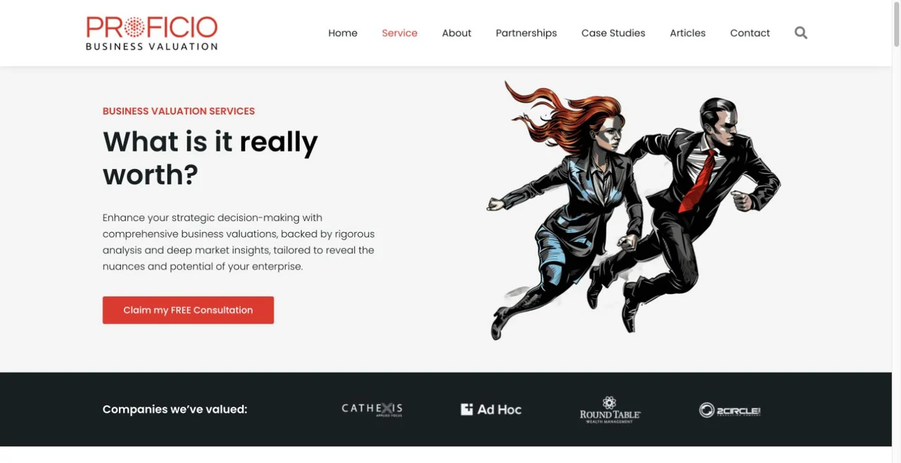 The service page pairs the valuation offer with a clear consultation link and supporting business imagery. It provides context for the website refinement and polish work.
