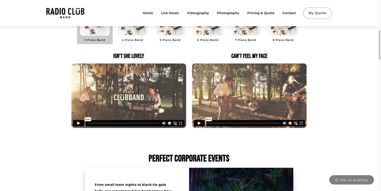 The live-music page presents the service and different band sizes, with performance videos to support the choice.