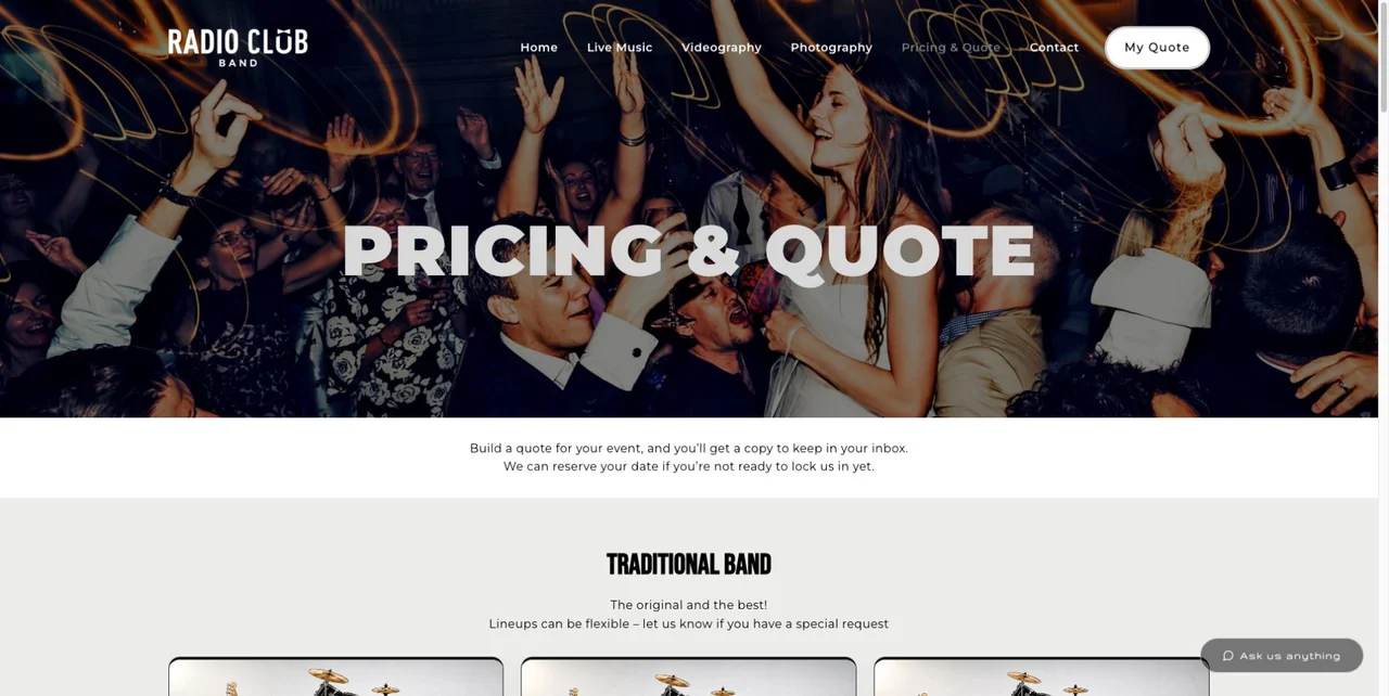 The live pricing page presents event packages. It provides context for the website redesign and form setup, without claiming ownership of the complete quote system.