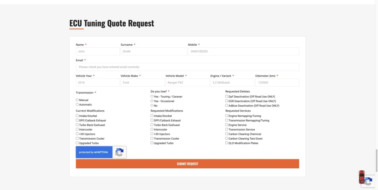 The ECU/dyno tuning page brings service information and a quote enquiry together. CRM and tracking work is described from the confirmed implementation scope; a screenshot alone does not demonstrate those integrations.