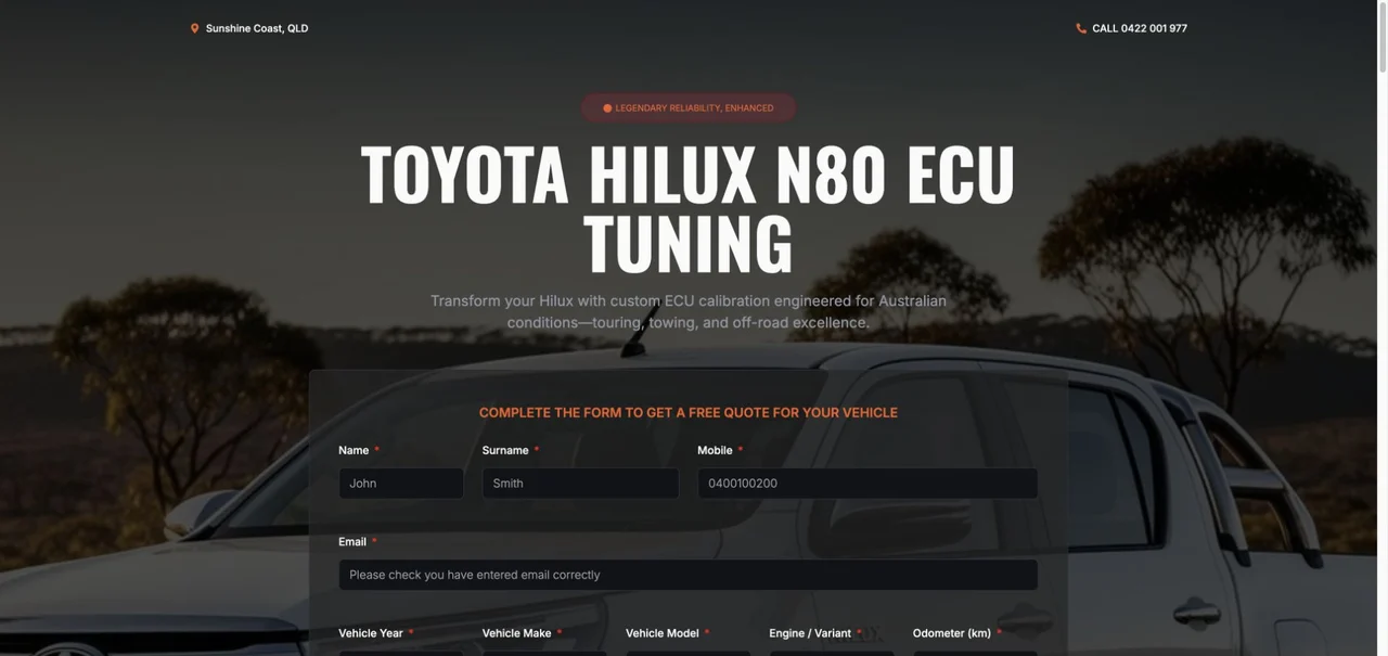 The vehicle-specific enquiry page for SC Diesel Tuning, a project involving form and CRM integration work.