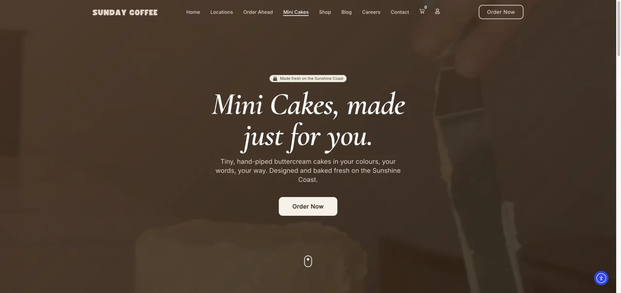 The Mini Cakes page introduces the product and leads into the existing customization and pickup flow.