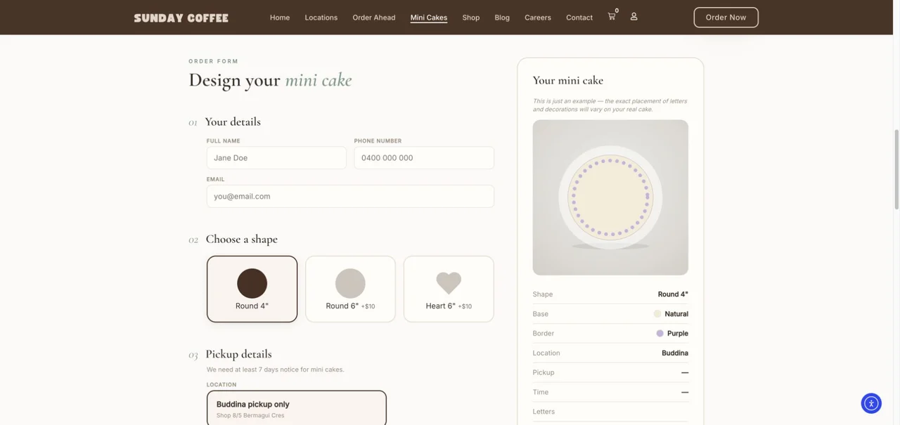 The live form presents cake options alongside a visual summary. My work here concerned ordering and pickup configuration, including date-selection behaviour.