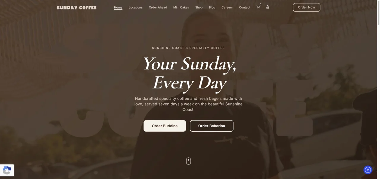 The homepage introduces the coffee business and directs customers toward each location’s ordering options.